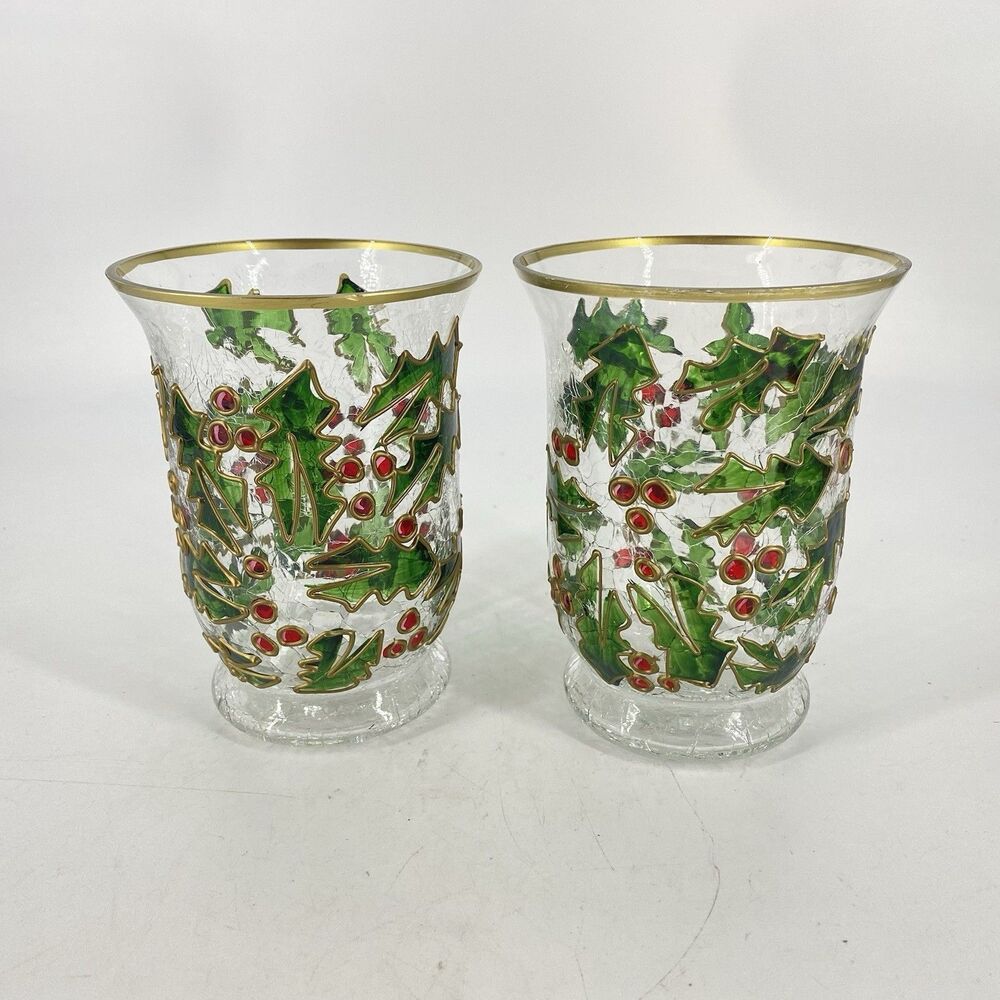 Set of 2 Celebrations Christmas Holly Berry Crackle Glass Votive Candle Holders